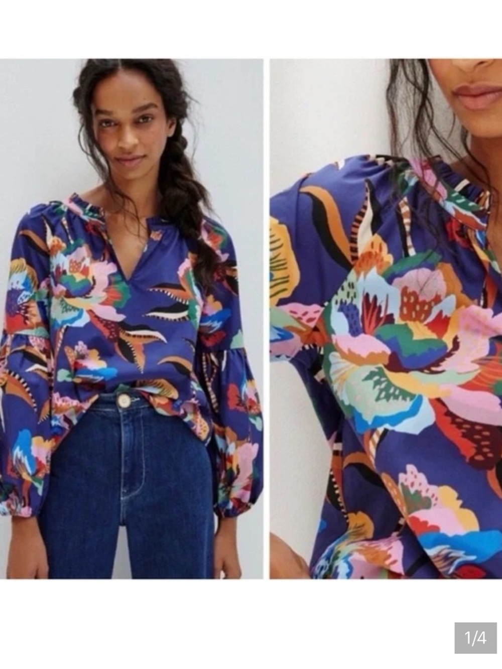 Farm Rio Anthropologie Multicolor Floral Balloon-Sleeve Blouse